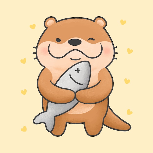 Estilo De Dibujado A Mano De Dibujos Animados Lindo Nutria Y Pez Grande Vector Premium