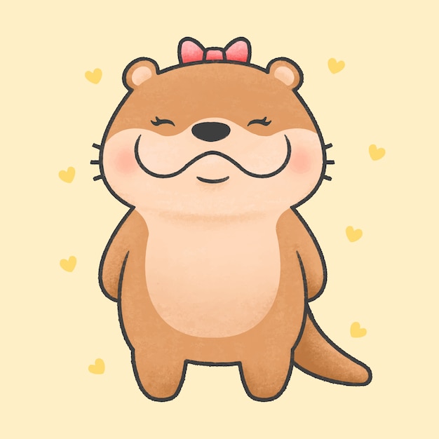 Estilo de dibujado a mano de dibujos animados lindo nutria Vector Premium