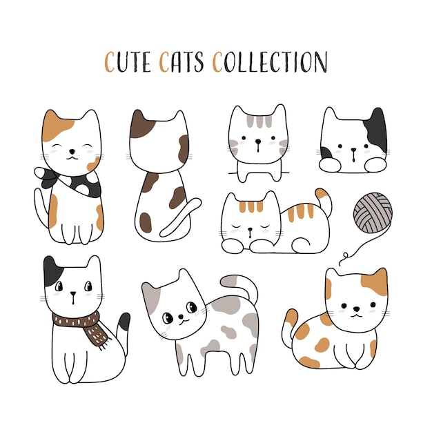 Estilo Dibujado A Mano Gato Lindo Vector Premium