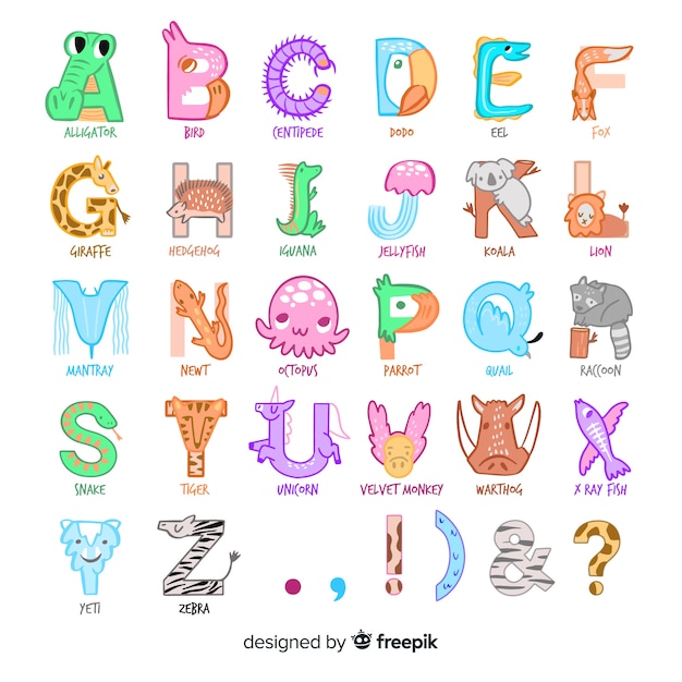 Estilo de dibujo de ilustración con alfabeto animal Vector Gratis