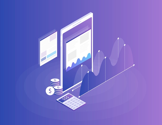 Estrategia de negocios. análisis de datos e inversiones. éxito empresarial revisión financiera con el teléfono y elementos infográficos. plano isométrico 3d ilustración Vector Premium