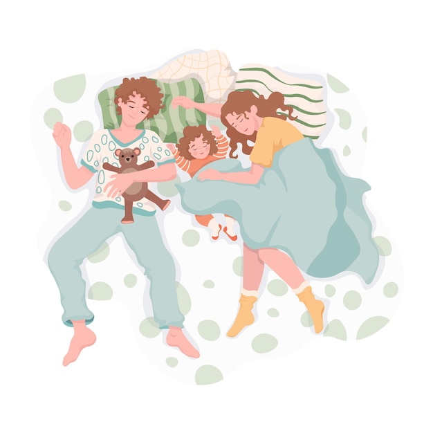 Familia Descansando Y Abrazandose Por La Noche Madre Padre E Hija Duermen Juntos En La Cama Y Suenan Con La Ilustracion Plana Vida Cotidiana Tiempo En Familia Juntos Vector Premium