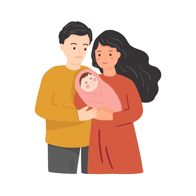 Familia Feliz Con Bebe Recien Nacido Ilustracion De Dibujos Animados Plana Vector Premium