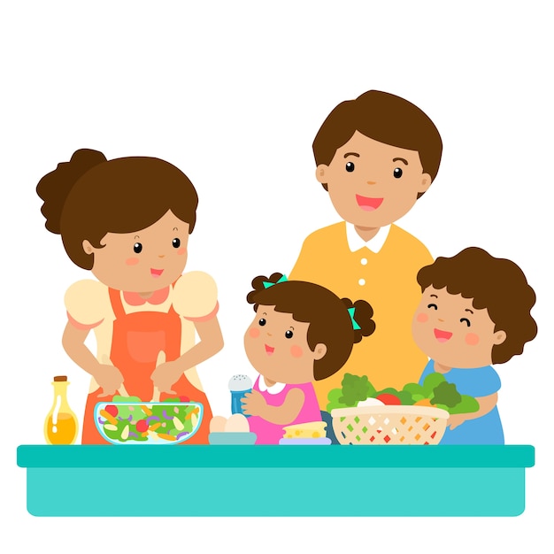 Familia Feliz Cocinar Alimentos Saludables Juntos Descargar Vectores Premium 