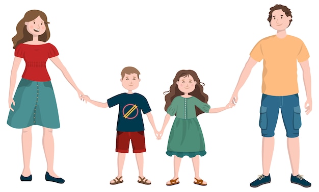 Familia Feliz En Estilo De Dibujos Animados Madre Padre Hijo E Hija Tomados De La Mano