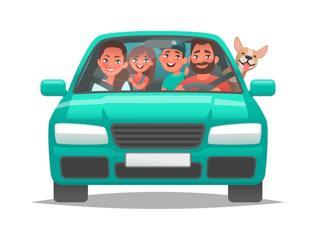 Familia feliz paseos en coche papá mamá niños y un perro se fueron