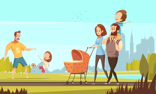Familia joven con el niño y el bebé que caminan en el parque al aire libre con el ejemplo retro del vector de la historieta del fondo del paisaje urbano vector gratuito
