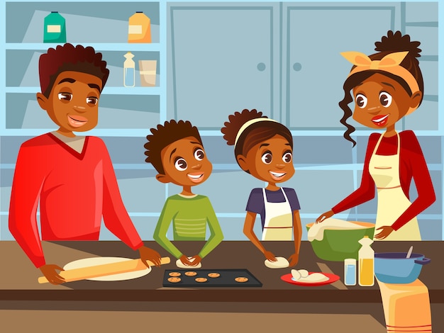 Familia negra afroamericana junto preparando la comida de la comida en la cocina vector gratuito