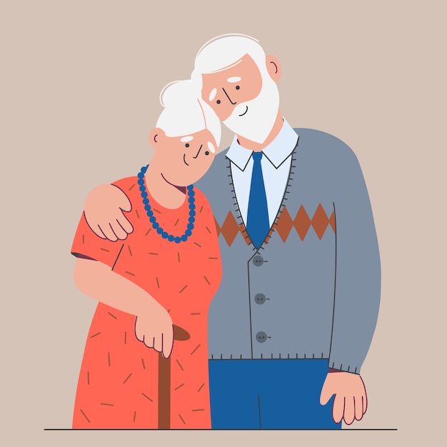 Familia De Una Pareja De Ancianos Un Hombre Y Una Mujer Se Abrazan Ilustración De Color En Un 
