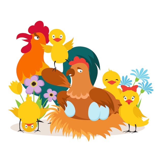 Familia De Pollo Lindo De Dibujos Animados Con Ilustracion De Bebes Vector Premium