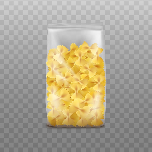 Farfalle Paquete De Pasta En Una Bolsa De Plastico Transparente Realista Aislado Plantilla De Diseno De Envases De Comida Italiana Ilustracion Vectorial Vector Premium