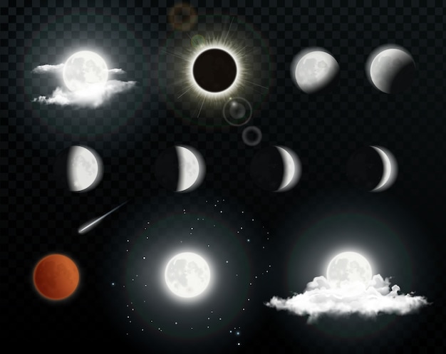 Fases Lunares Realistas Con Nubes Sobre Fondo Transparente Eclipse Solar Eclipse Lunar Ilustracion Vector Premium