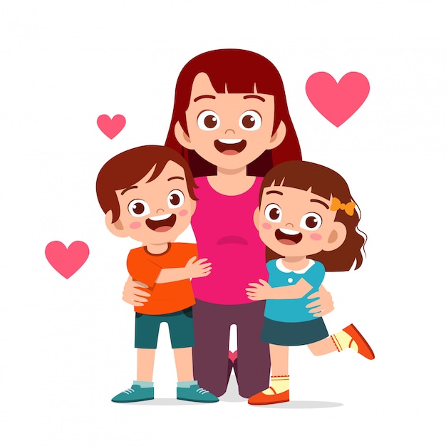 Felices los niños lindos niño y niña abrazan a mamá | Vector Premium