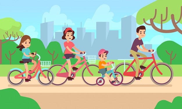 Felices los niños y los padres andan en bicicleta. Vector Premium