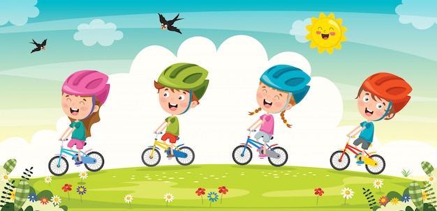 Felices los niños que andan en bicicleta en una colina | Vector Premium
