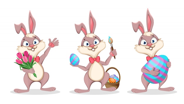 Felices Pascuas Conejo De Divertidos Dibujos Animados Establecer Vector Premium