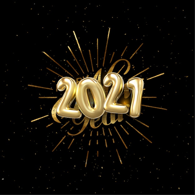 Feliz año 2021. ilustración de vacaciones con letras composición y explosión. etiqueta vintage con textura dorada | Vector Premium