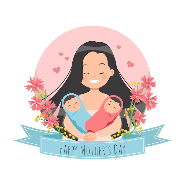 Feliz Celebracion Del Dia De Las Madres Mama Con Bebes Gemelos Vector Premium