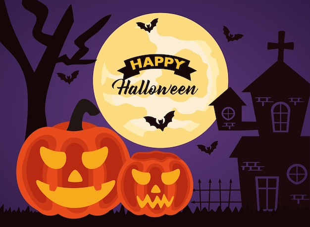 Feliz Celebración De Halloween Letras Con Calabazas Y Castillo Encantado Vector Premium