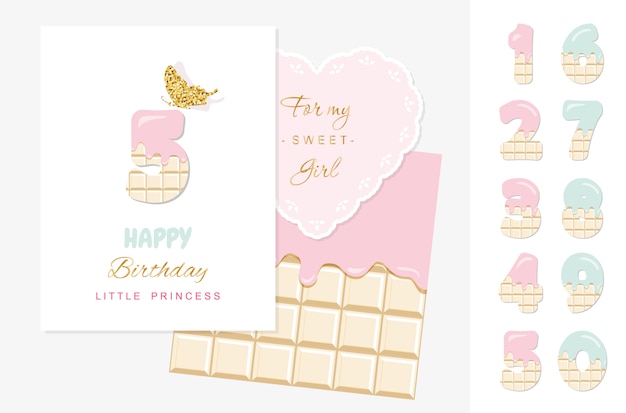 Feliz cumpleaños princesita, tarjeta de felicitación con conjunto de números de chocolate Vector Premium