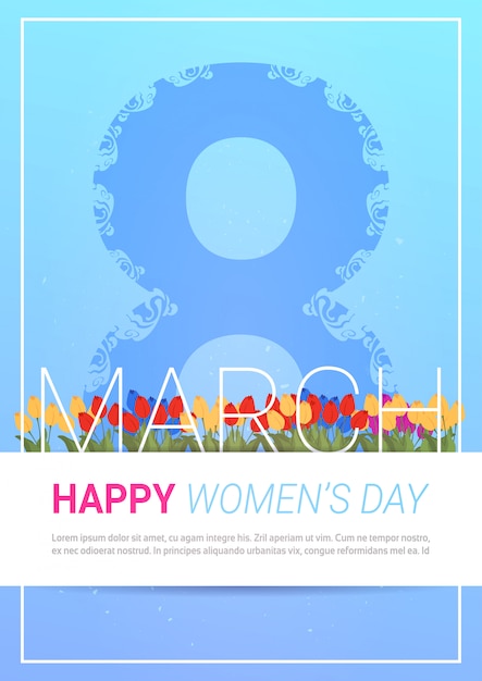 Feliz día internacional de la mujer tarjeta de felicitación 8 de marzo plantilla de fondo con tulipanes Vector Premium