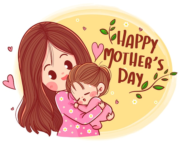 Feliz Día De La Madre Hermoso Personaje De Madre E Hija Ilustración De Arte De Dibujos Animados 7525