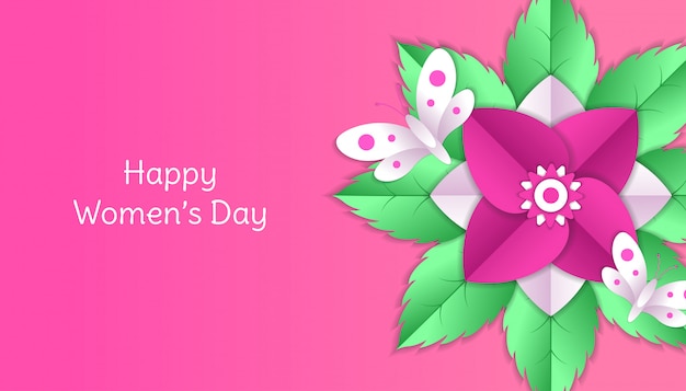 Feliz Dia De La Mujer Con Flores Hojas Mariposas Cortadas En Papel