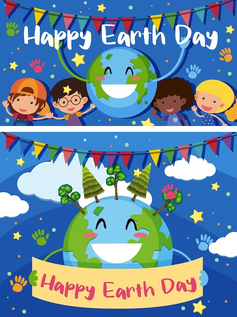 Feliz Día De La Tierra Tarjeta Con Niños Felices En La Tierra Vector