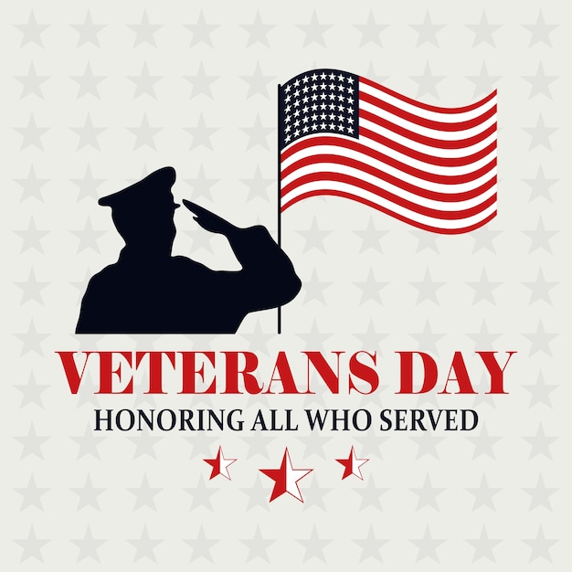 Feliz día de los veteranos, bandera americana en poste y soldado
