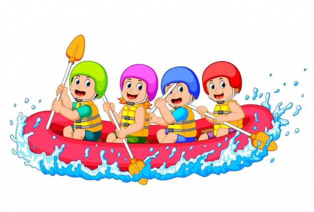 Feliz Equipo De Rafting En Un R O Vector Premium