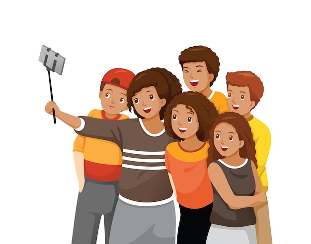 Feliz Grupo De Adolescentes Tomando Selfie Vector Premium