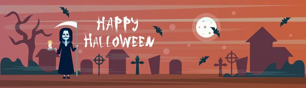 Feliz Halloween Banner Muerte Con Guadaña En Cementerio Cementerio Con Tumbas Y Murciélagos