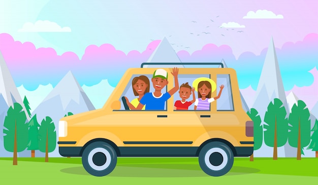 Feliz joven padre con niños viajando en coche | Vector Premium