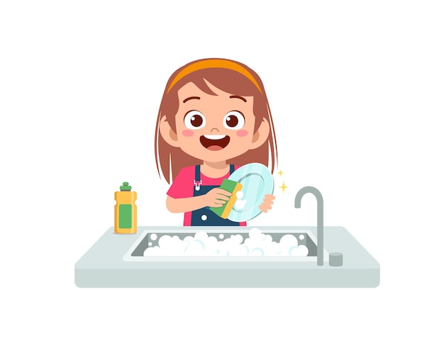 Feliz linda niña lavando un plato en la ilustración de la cocina