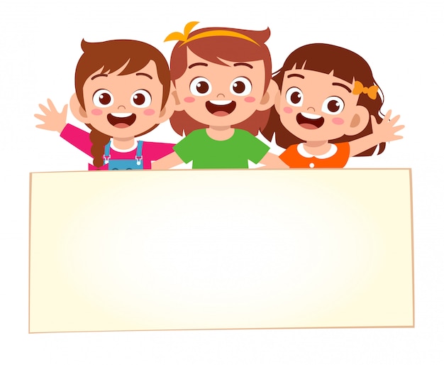 Feliz Lindo Niño Niñas Con Banner En Blanco Vector Premium