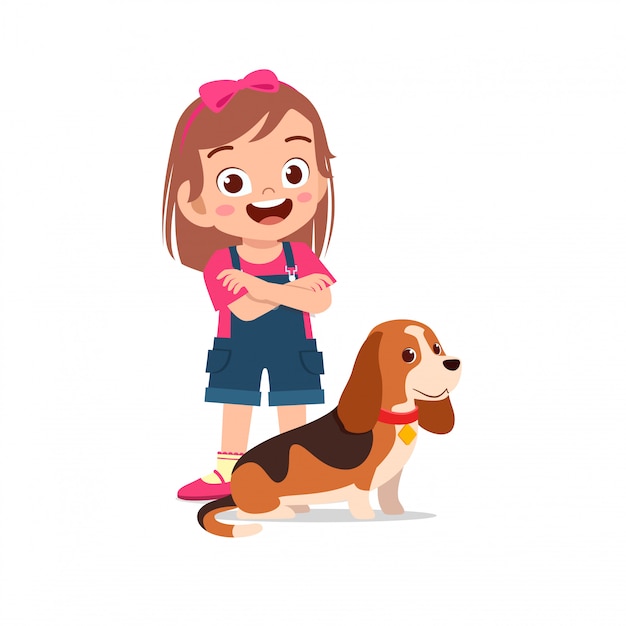 Feliz lindo niño niño niña jugar con perro mascota Vector Premium