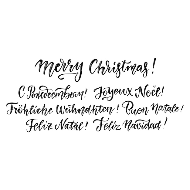 Feliz Navidad En Diferentes Idiomas Vector Dibujado A Mano Cepillo Letras Sobre Un Fondo Blanco Concepto De Tarjeta De Felicitacion Festiva Conjunto De Frases Ruso Italiano Espanol Frances Aleman Ingles Vector