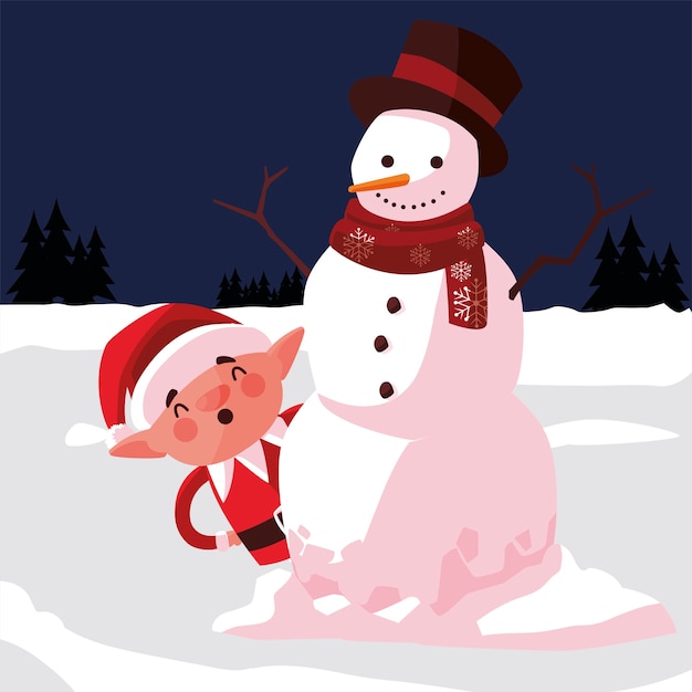 Feliz Navidad Duende Y Muneco De Nieve En La Ilustracion De La Escena De Nieve Vector Premium