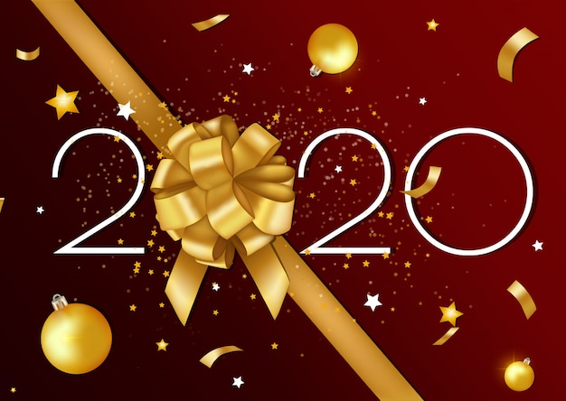Feliz navidad y feliz año nuevo 2020 tarjeta de felicitación y póster con cinta dorada y estrellas. Vector Premium