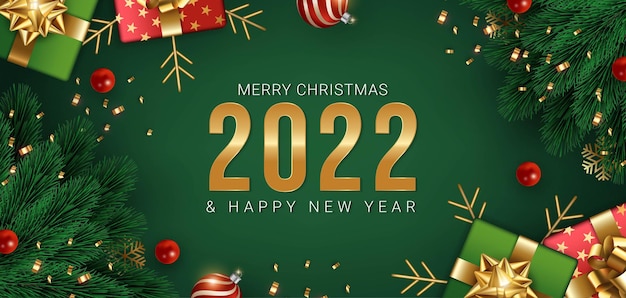 Feliz navidad y próspero año nuevo 2022 diseño de fondo verde | Vector