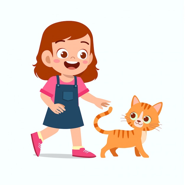 Feliz niña linda niña juega con gato mascota Vector Premium