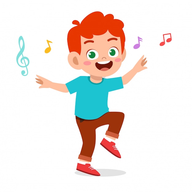 Feliz niño lindo niño baila con música | Vector Premium
