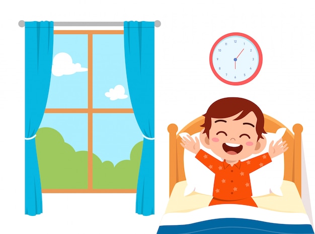 Feliz niño lindo niño despierta por la mañana | Vector Premium