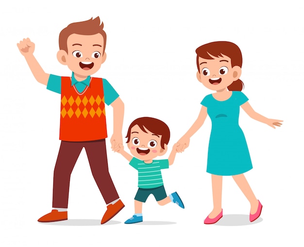 Download Feliz niño lindo niño pasear con mamá y papá | Vector Premium