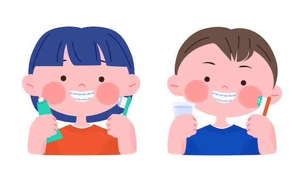 Feliz Sonriente Nino Y Nina Con Aparatos Dentales Con Cepillo De Dientes Dibujado A Mano Ilustracion De Personaje De Dibujos Animados Lindo Vector Premium