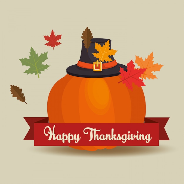 Feliz tarjeta del día de acción de gracias saluda a peregrino y sombrero de calabaza hojas vector gratuito