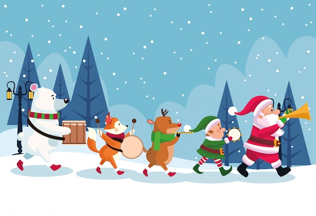 Feliz tarjeta de navidad con personajes tocando instrumentos diseño ilustración vectorial Vector Premium