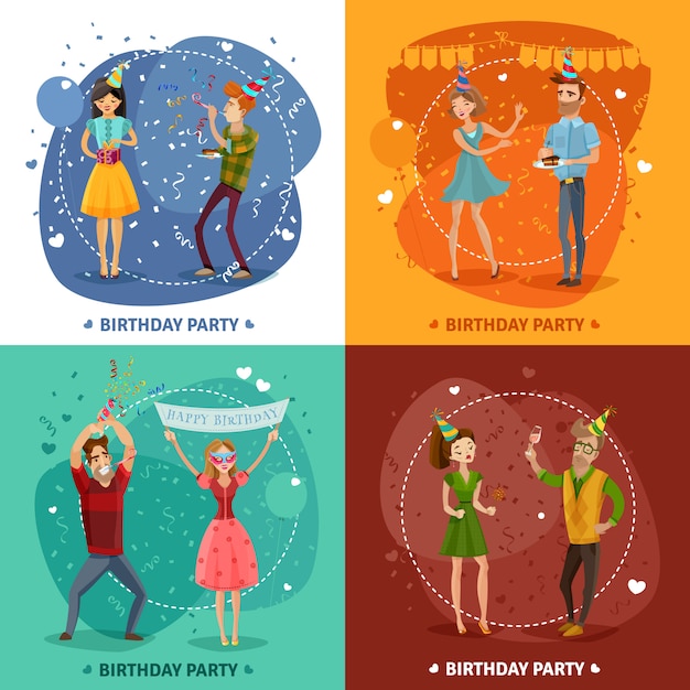 Fiesta de cumpleaños 4 iconos cuadrados composición vector gratuito
