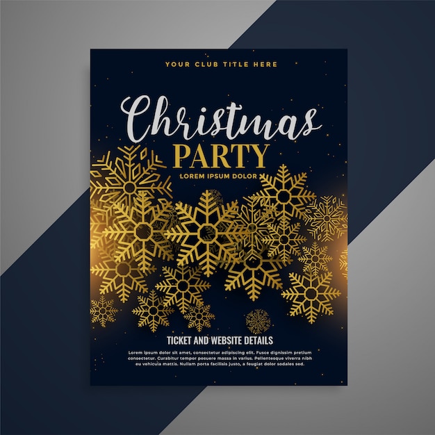 Folleto de volante de navidad impresionante con copos de nieve de oro vector gratuito