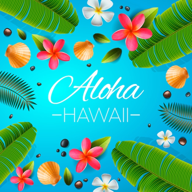 Fondo De Aloha Hawaii Plantas Hojas Y Flores Tropicales Saludo En Idioma Hawaiano Ilustracion Vector Premium